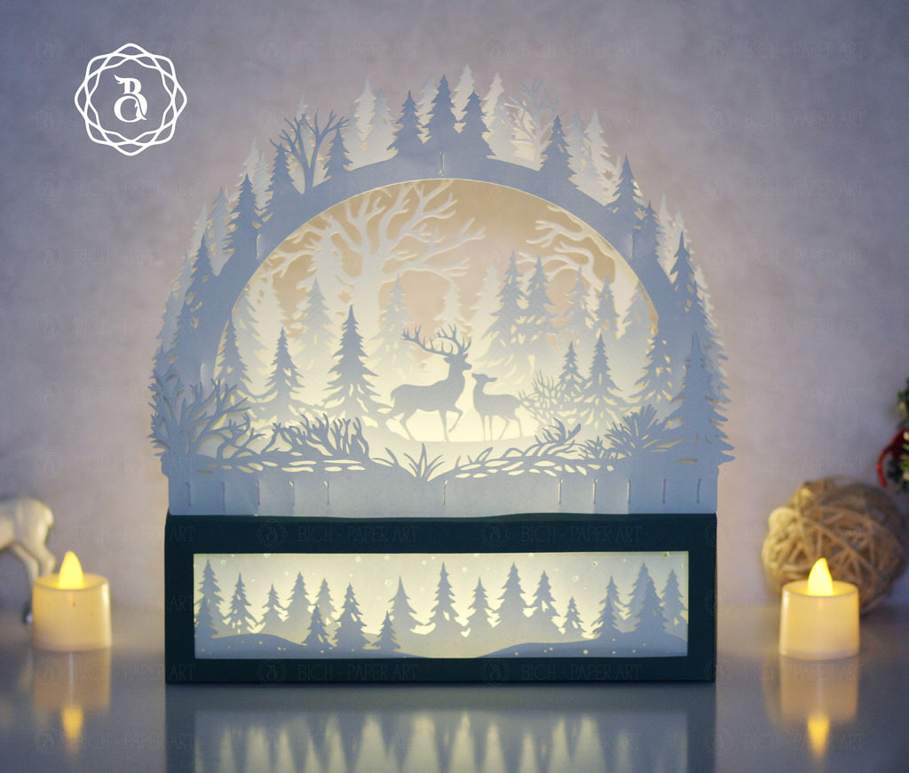 Christmas Deer Paper Cut Lamp SVG | Deer Forest Shadow Box Template