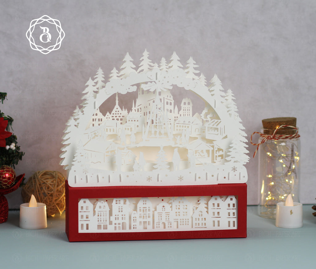 Paper Cut Lamp Christmas Market SVG | Layered Paper Cut File For Cricut Digital Files