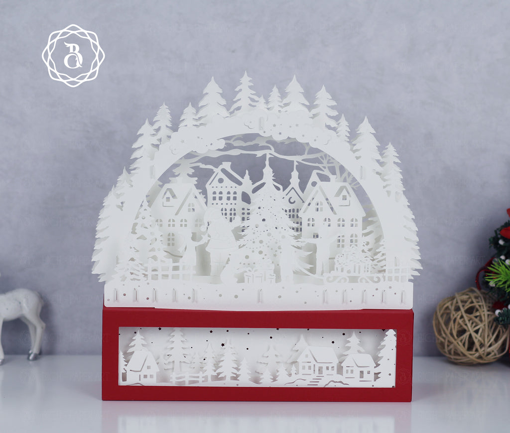 Santa Claus With Christmas Tree Paper Cut Lamp SVG | Christmas Shadow Box Light Box Template Digital Files