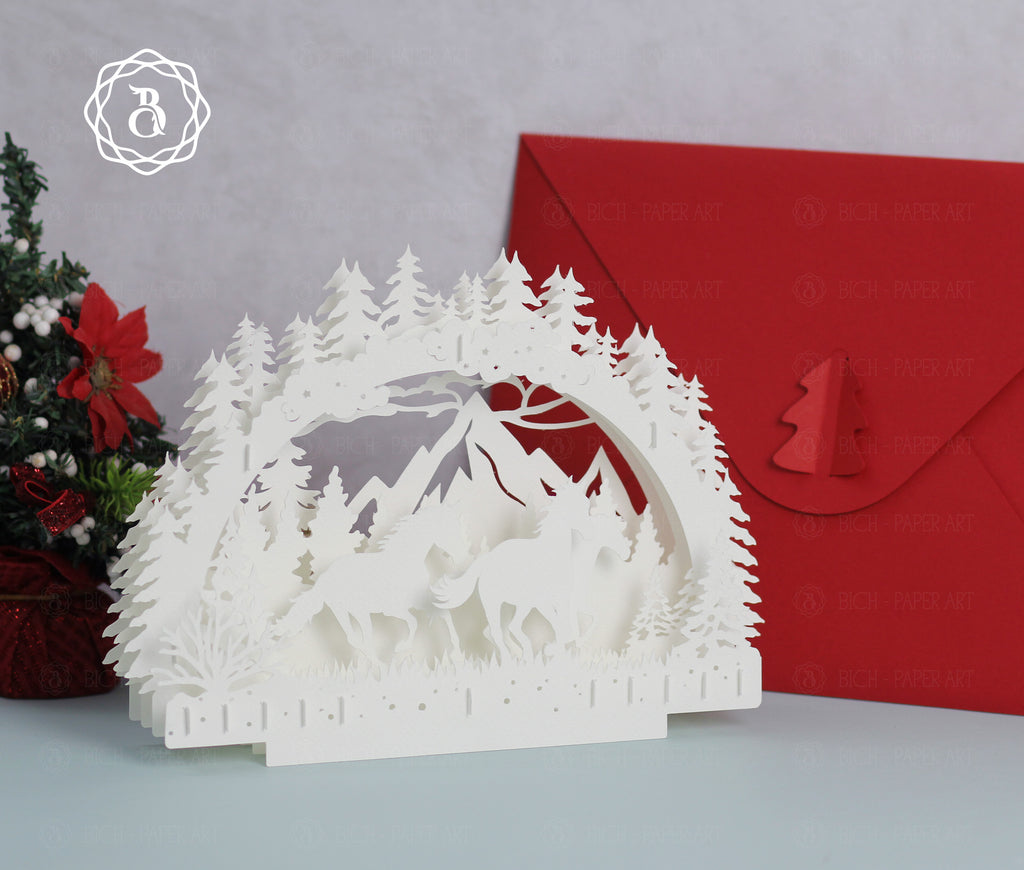 Christmas Horse Paper Cut Lamp SVG | Winter Forest Horse Paper Art Template Digital Files