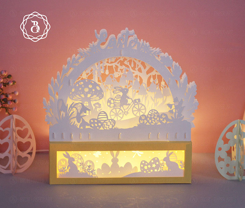 Easter Rabbit on Bicycle With Eggs Paper Cut Light Digital Files