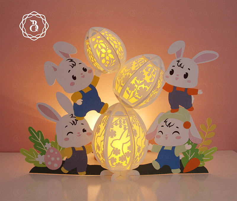 Bunnies Decorating Easter With Eggs Paper Lantern Digital Files