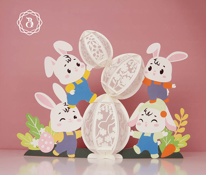 Bunnies Decorating Easter With Eggs Paper Lantern Digital Files