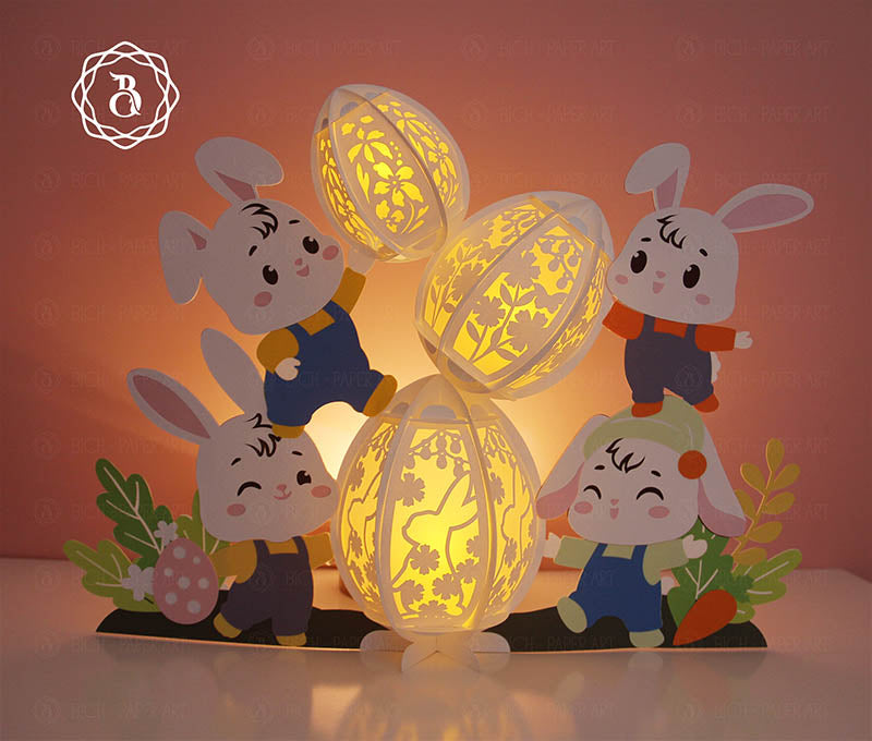 Bunnies Decorating Easter With Eggs Paper Lantern Digital Files
