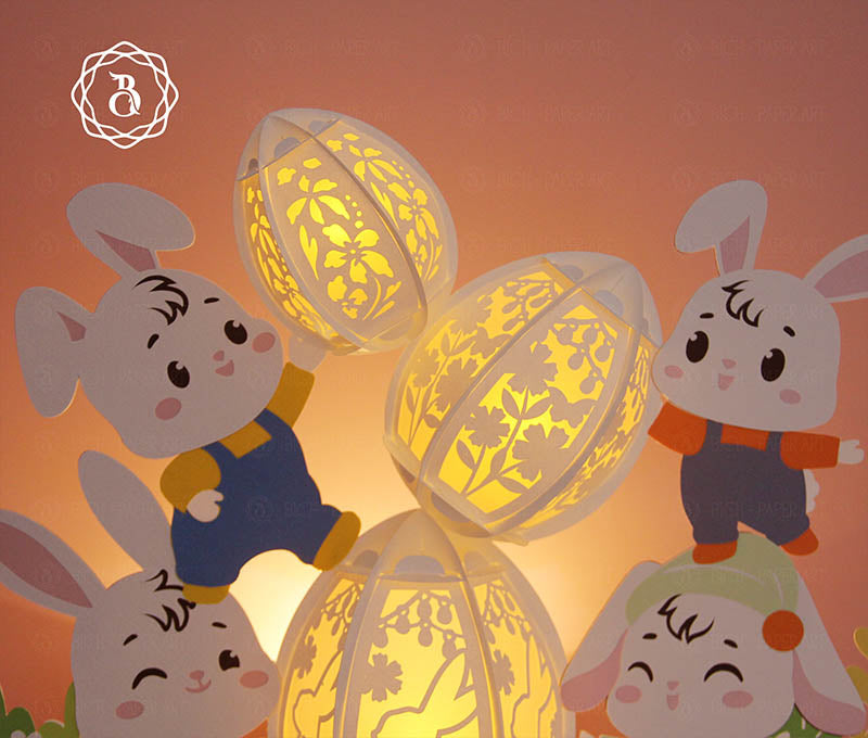 Bunnies Decorating Easter With Eggs Paper Lantern Digital Files