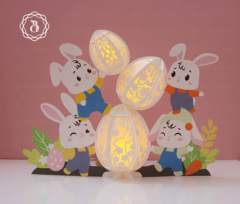 Bunnies Decorating Easter With Eggs Paper Lantern Digital Files
