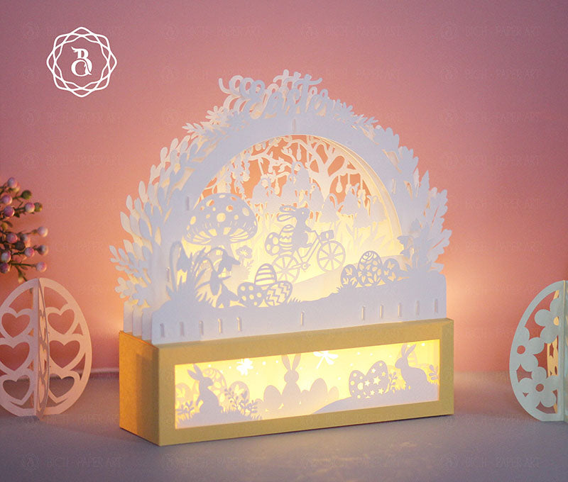 Easter Rabbit on Bicycle With Eggs Paper Cut Light Digital Files