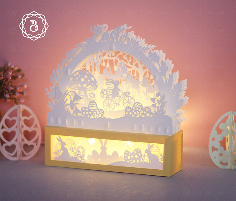 Easter Rabbit on Bicycle With Eggs Paper Cut Light Digital Files