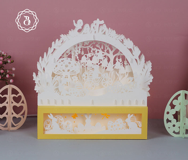 Easter Rabbit on Bicycle With Eggs Paper Cut Light Digital Files