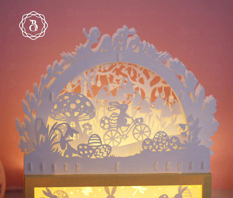 Easter Rabbit on Bicycle With Eggs Paper Cut Light Digital Files